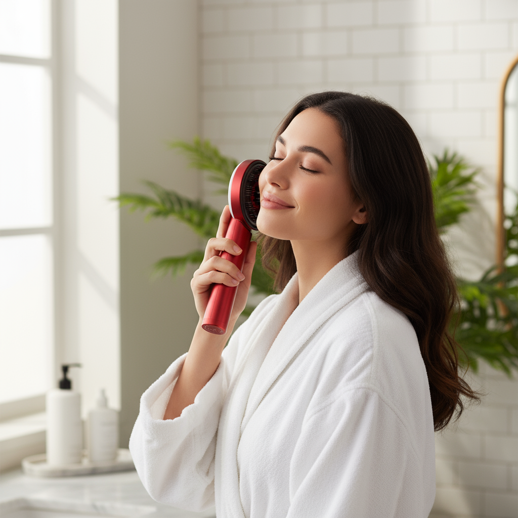 Kvinna använder huvudmassageapparat