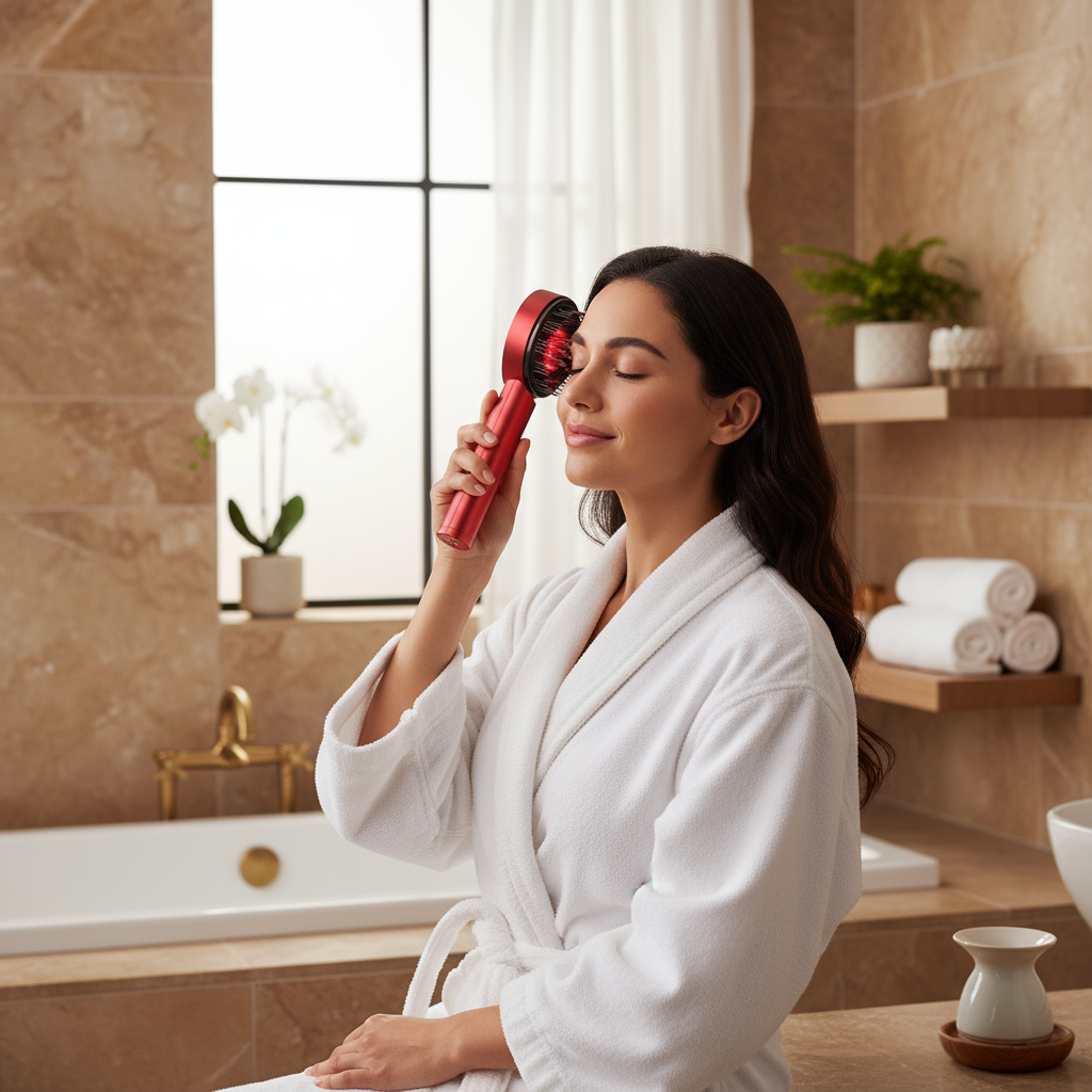 Kvinna använder röd massageapparat